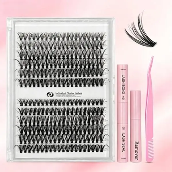 Personalized eyelash extension set with mixed lengths, including adhesive, sealant, remover, tweezers, and an eyelash curler; natural lashes designed specifically for women—professional eye makeup accessories.