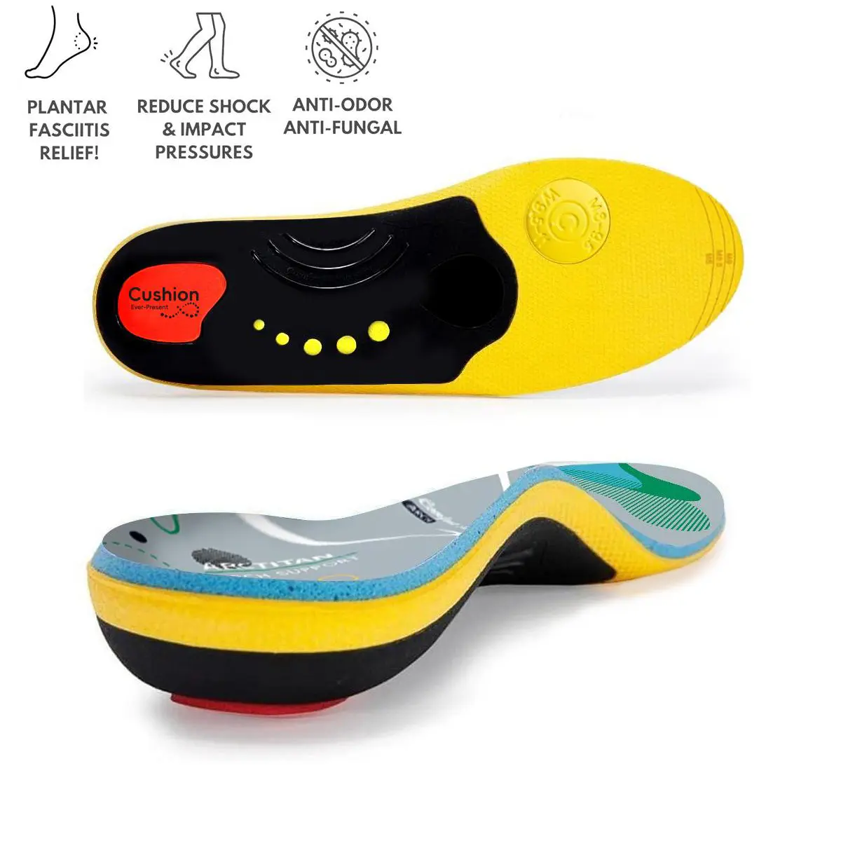 High Arch Support Orthopedic Insoles For Men Women,Plantar Fasciitis Insoles,Work Boot Insoles For Standing All Day,Shock Absorbing Heavy Duty Support Relief Foot Pain,Flat Feet,Heightening Insole,Chef,Food Service,Shoe Inserts,Sweat Footwear