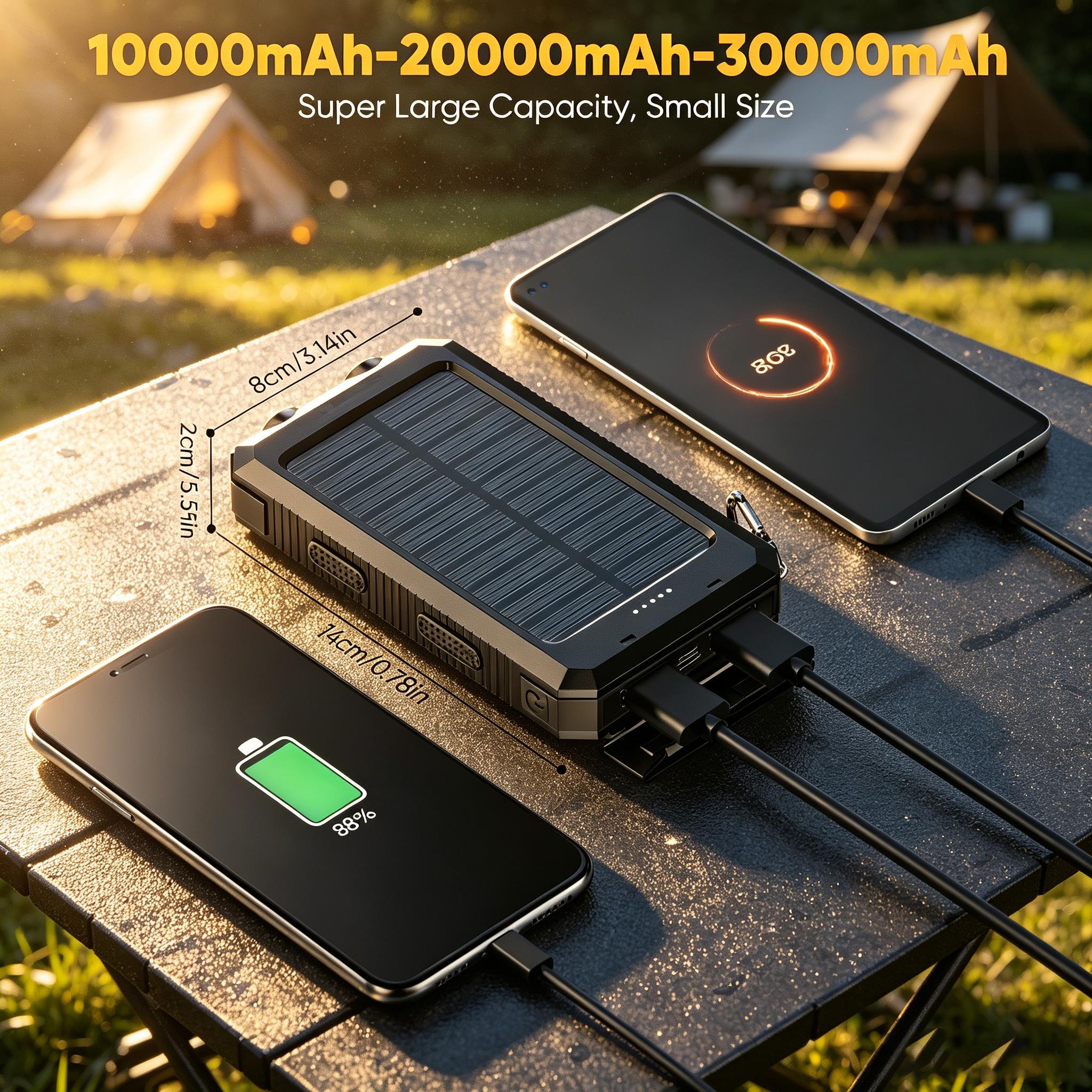 20000mAh Portable Solar Charger Emergency Power Bank (Phone Accessories, EDC Gear, Everyday Carry) - Dual USB-A Output, LED Flashlight, Waterproof Outdoor Design with Compass, Clip, Carabiner, Battery Anxiety Solutions (TikTok Shop Back to School),sohochi