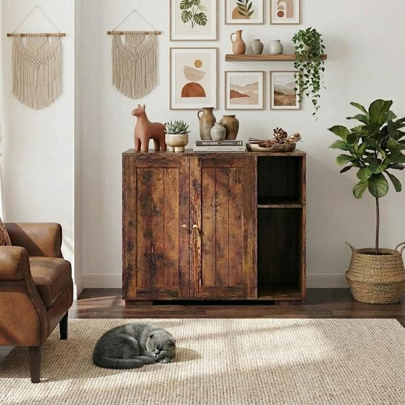 Large Robot Enclosure Cabinet, Cat Litter Box Furniture with Built-in Power Outlet, Dog-Proof Storage Shelf, Non-Slip Mat, 5 Ft Cord, Fits Automatic Self-Cleaning Litter Boxes, Easy Assembly, Brown