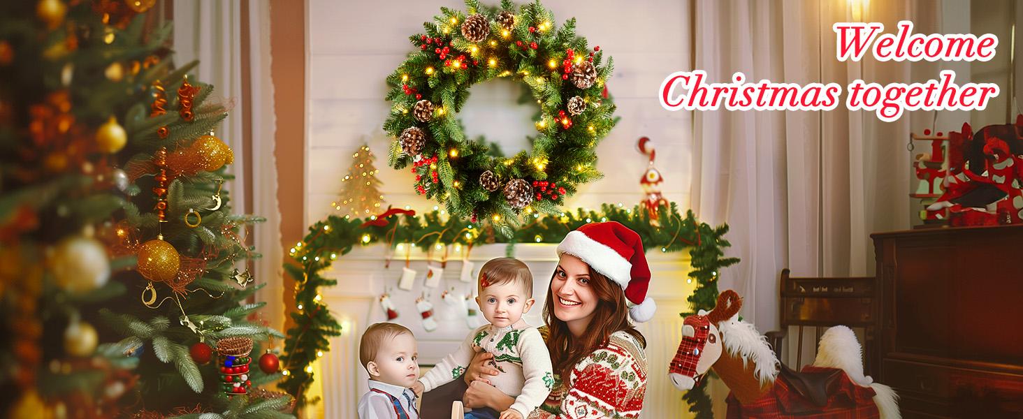 24 Inch Prelit Christmas Wreath, Artificial Christmas Wreath for Front Door with LED Lights, Pine Cones, Pine Needles, and Red Berries, Reef for Door Window Mantel Indoor/Outdoor Home Decoration