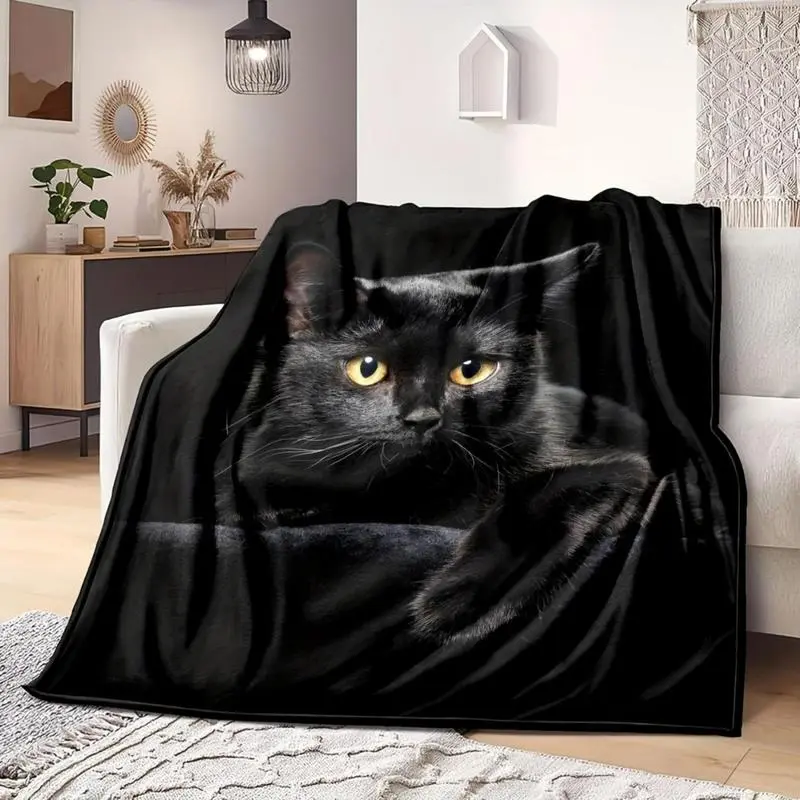 Modern Soft Black Cat Print Polyester Flannel Throw Blanket - Wrinkle Resistant, Breathable, Durable, Fade Resistant, Sleep-Friendly, Machine Washable - Ideal for Couch Naps, Office Use, Bedding Gift, Multi-Size