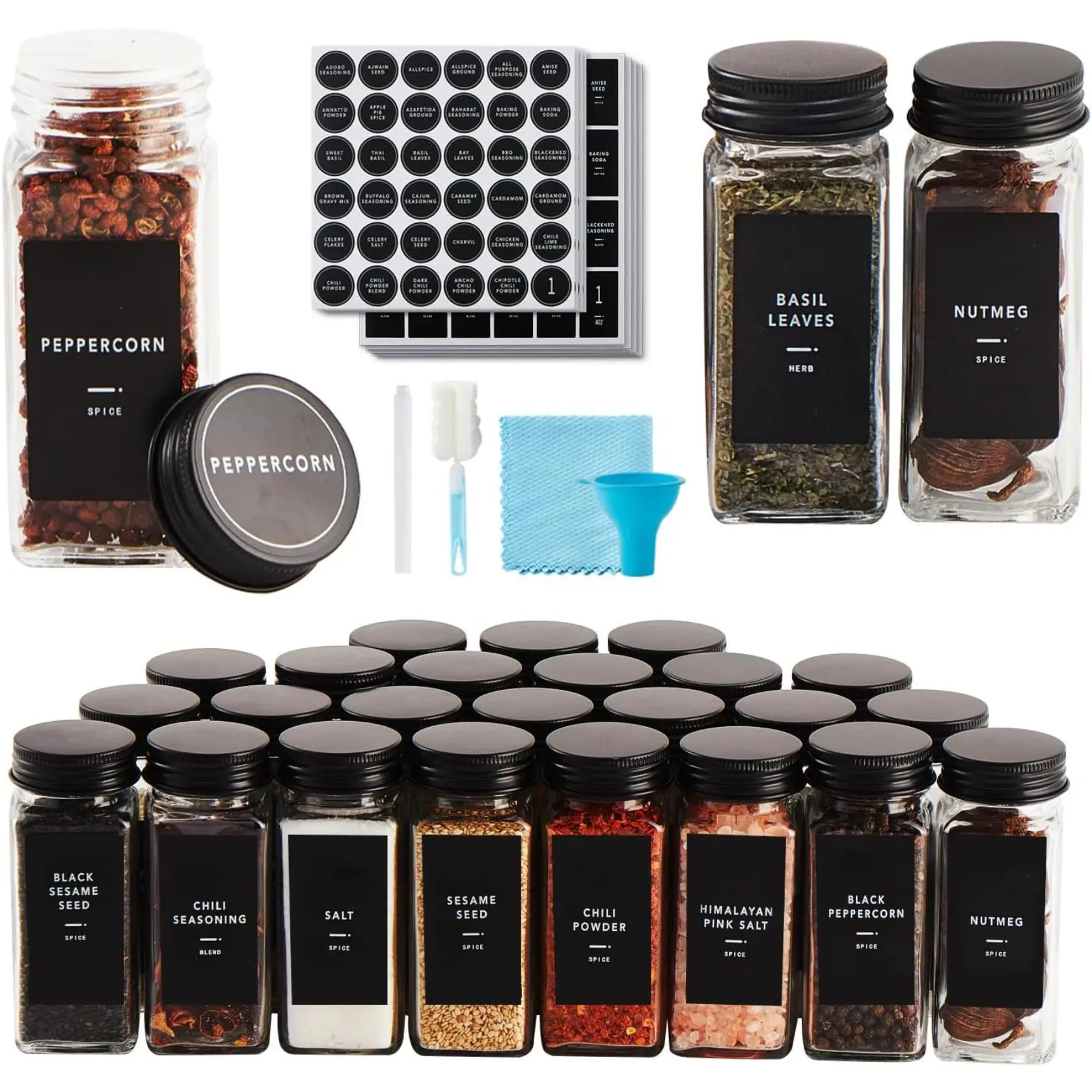 25 Pcs Spice Jars with Label Glass Spice Jars with Black Metal Caps,Shaker Lids,Chalk Pen,Brush,Cleaning 4oz Containers Bottles for Spice Rack,Cabinet Kitchen Seasoning Airtight  Set Silicone Utensils Square Tin Canister spice jar