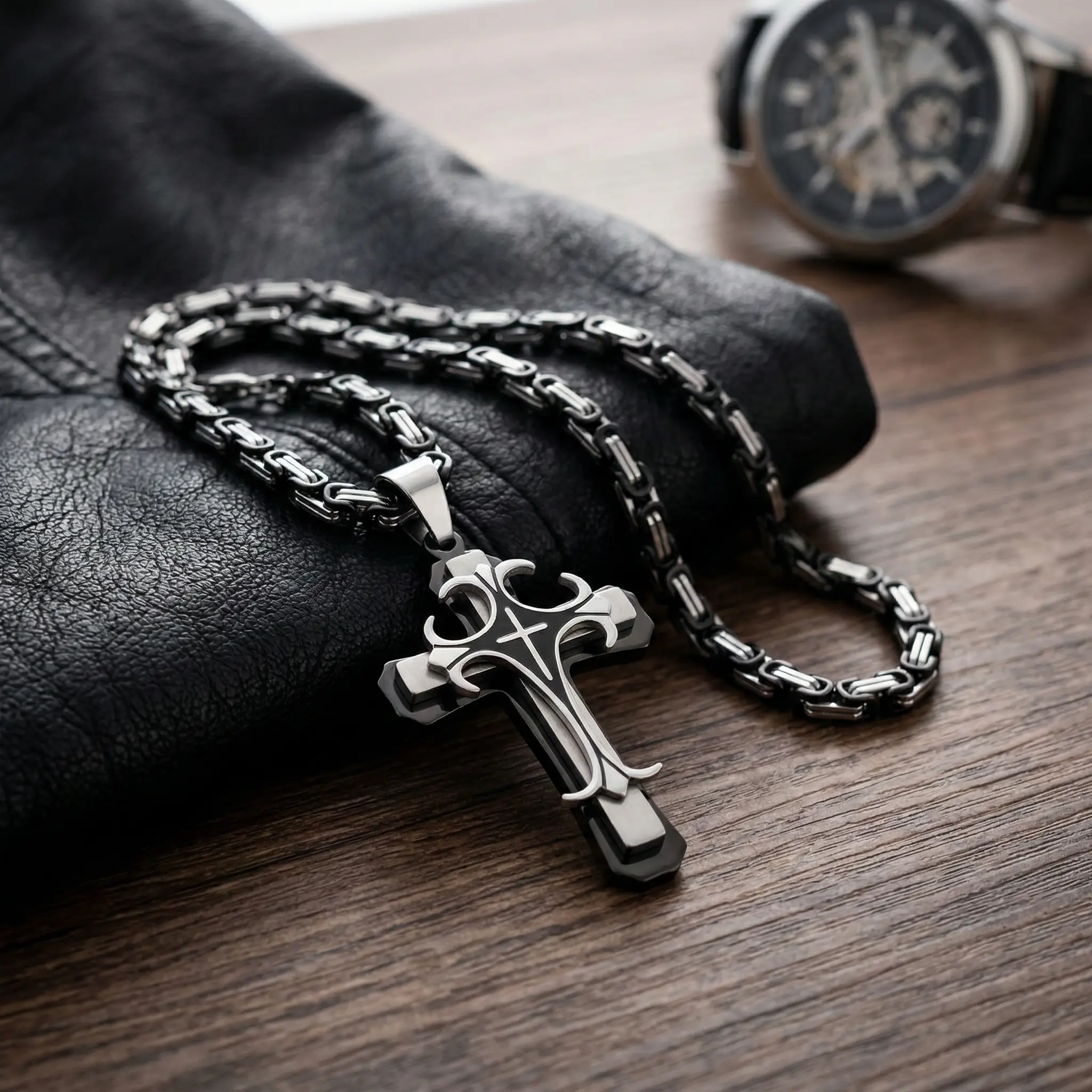 VNOX Byzantine Cross Necklace, Niche Faith Chrome Double Cross