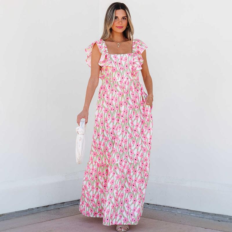 Pink Floral Print Square Neck Ruffled Strap Maxi Dress
