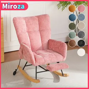 Nursery Rocking Chair with Manual Inflatable Back Cushion, With Footrest Chenille Fabric Upholstered High Backrest Comfy Nursing Chair and Side Storage Pocket, Accent Armchair for Living Room, Bedroom, Office