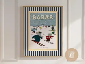 Babar the elephant ski in the snow nursery wall art retro kids decor quote wall art genre neutral baby wall art illustration nursery print