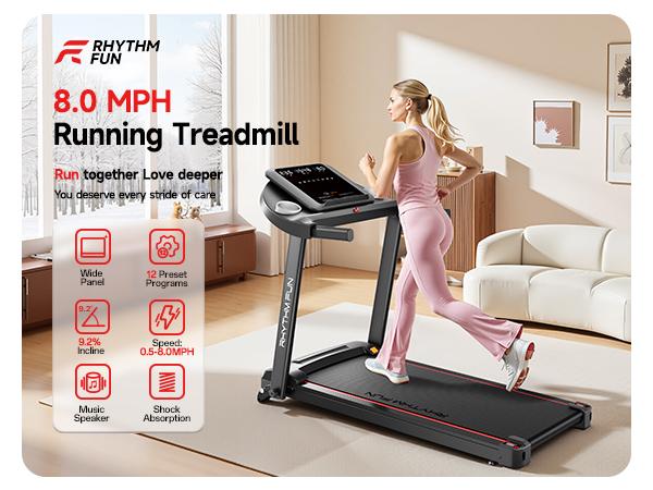 RHYTHM FUN 8 MPH Foldable Treadmill with Incline 300 lbs Capacity Running Machine 12 Pre-Installed Programs LED Display & App Control Multifunctional Walking Pad Multifunctional Workout Station  Home Fitness Equipment exercise equipment