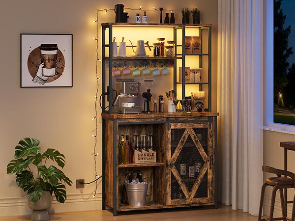 HOOBRO Bakers Rack with Power Outlet and LED Light, Microwave Stand, Kitchen Storage Rack with Sliding Barn Door & 6-S Hooks, Coffee Bar Cabinet with Storage, Rustic Brown and Black