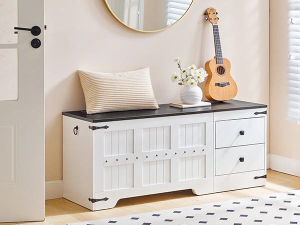 HOOBRO Storage Bench, Toy Box with Dual Drawers and Safe Hinge, Storage Chest with Extra-Long Thick Top, Easy Assembly, Multipurpose Storage Trunk, for Living Room, Bedroom, White and Black