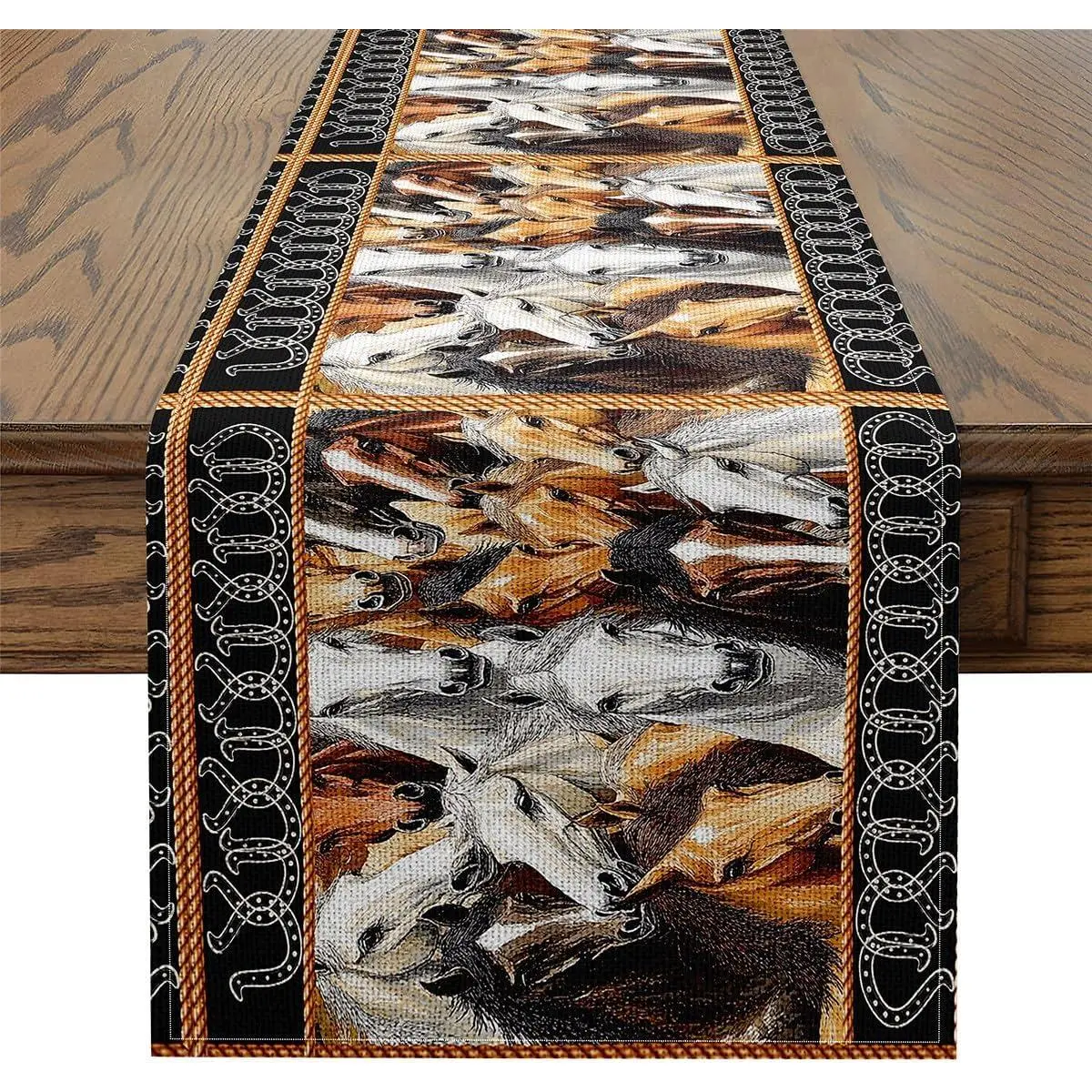 Rustic Horses Table Runner,Western Cow Retro Horseshoe Kitchen Dining Table Decoration for Home Party,Farmhouse Horse Animal Brown Black Table Runners for Coffee Table