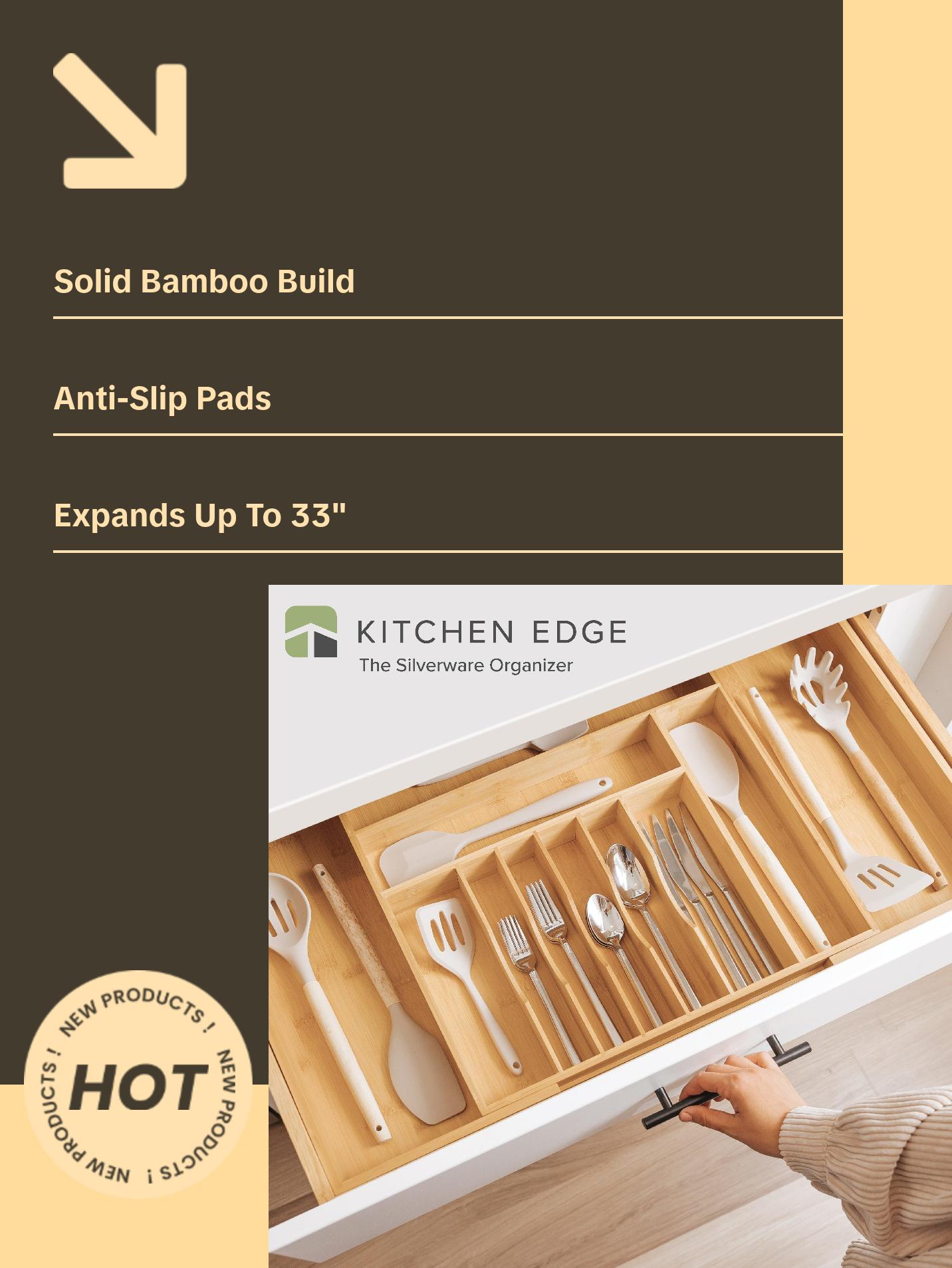 Premium Silverware, Flatware and Utensil Organizer for Kitchen Drawers, Food-Safe Contract Grade, Expandable from 18 to 33 In, Natural Bamboo Boxes Adjustable