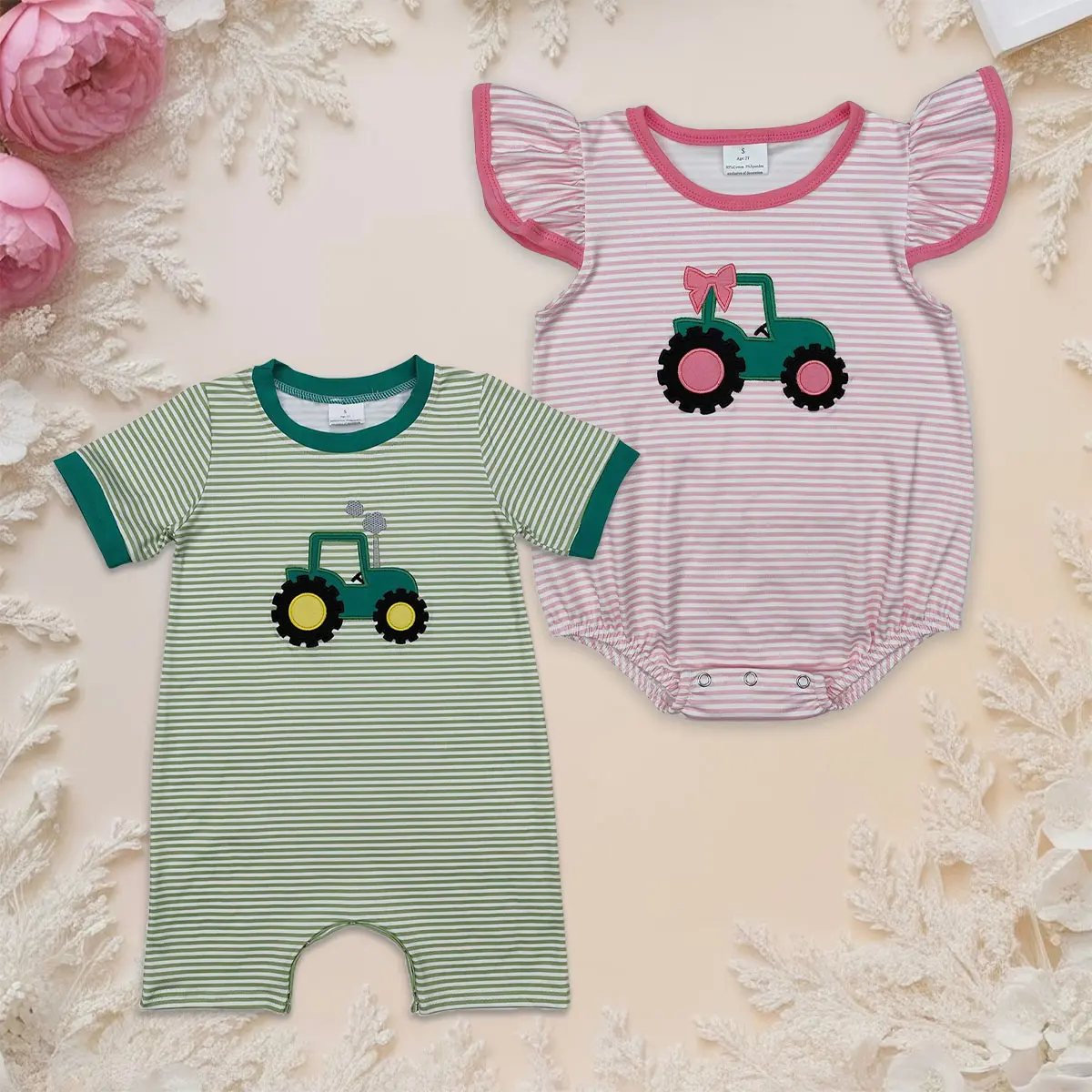 Kids' Stripes Print Bodysuit - Elastane Fitted Tractor Farm Vehicles Themed Casual 12-18m Toddler Outfit, Elasticized Leg Openings for Quick & Easy Diaper Changes, Unisex Summer Everyday Rompers, Bodysuits, Quick And Easy Diaper Changes, Diaper Friendly