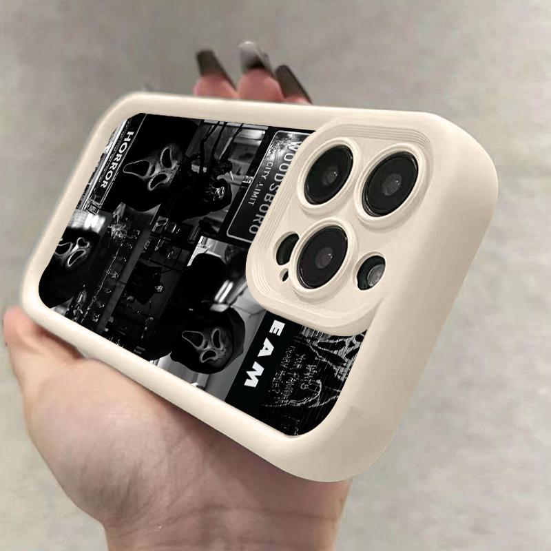 Ghostface's Realm pattern phone case, compatible with iPhone 17 Pro Max, 16 Pro Max, 15 Pro, 14, 13, 12, and 11.  Shockproof and drop-resistant phone case made of durable silicone material.