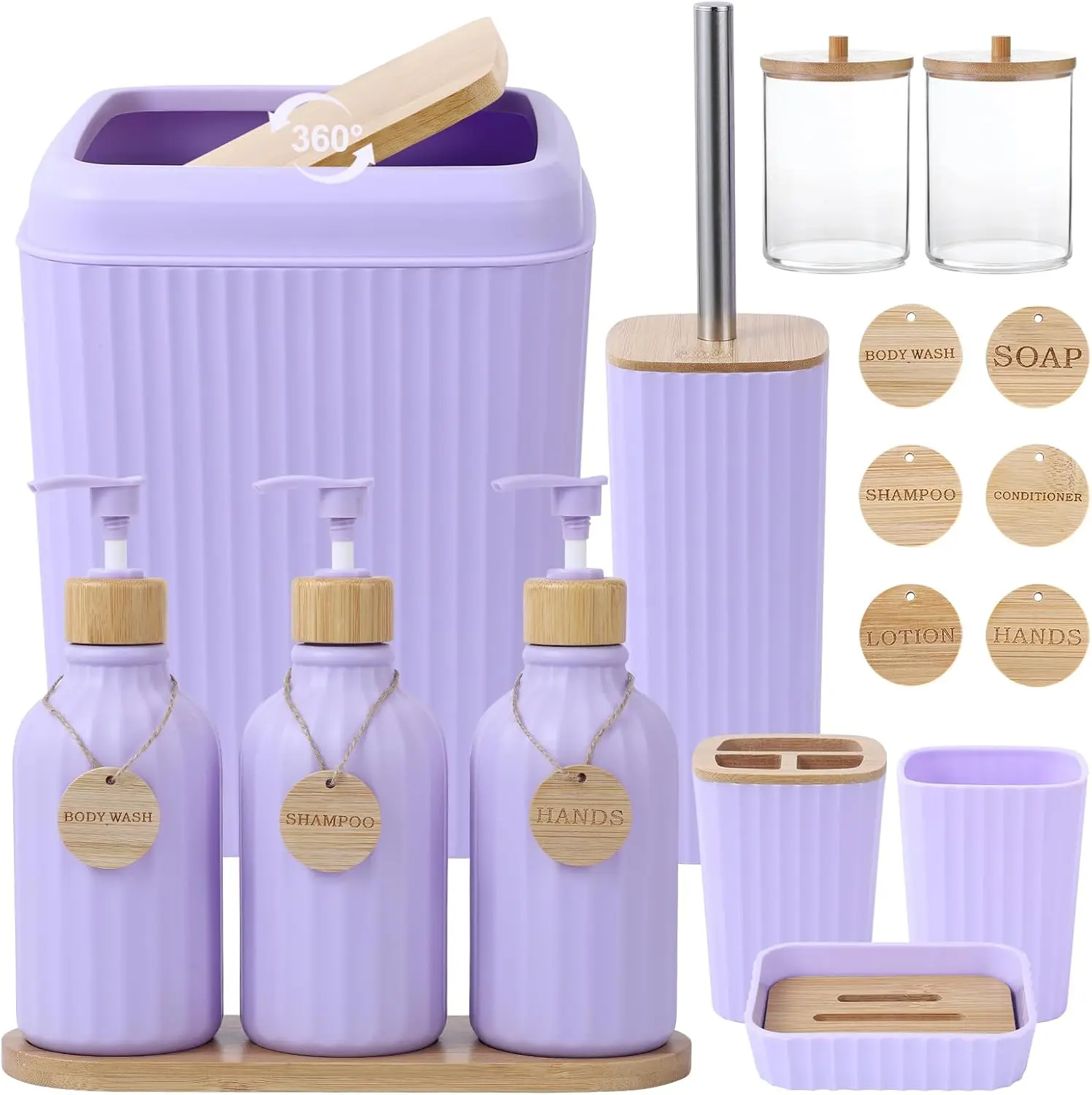 Light Purple Bathroom Accessories Set 17 count Bathroom Set with Trash Can 3 count Lotion Soap Dispenser,  Holder, Soap Dish,Tumbler Cup,6PCS  Tags Bath Accessories with Tray for Bathroom
