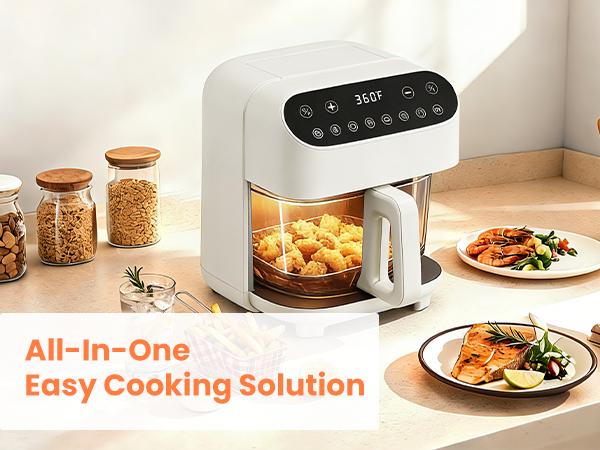 4.5 QT Glass Air Fryer - PFAS-Free & Dishwasher-Safe Basket, 8 Preset Touchscreen, 360° View Cooking, for Healthy Meals in Minutes - White