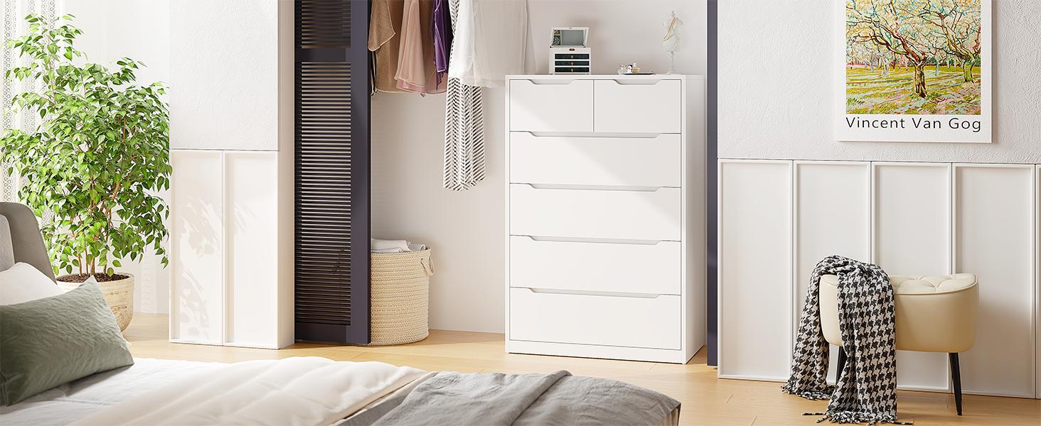 【24H Online Help】Raybeefurniture Modern Wood Dresser with 4/5/6 Large Drawers, Stylish Storage Cabinet & Chests of Drawers with Large Organizer, Tall Dresser with Smooth Metal Rail, Perfect White Storage Organizer & Home Decor for Bedroom, Living Room