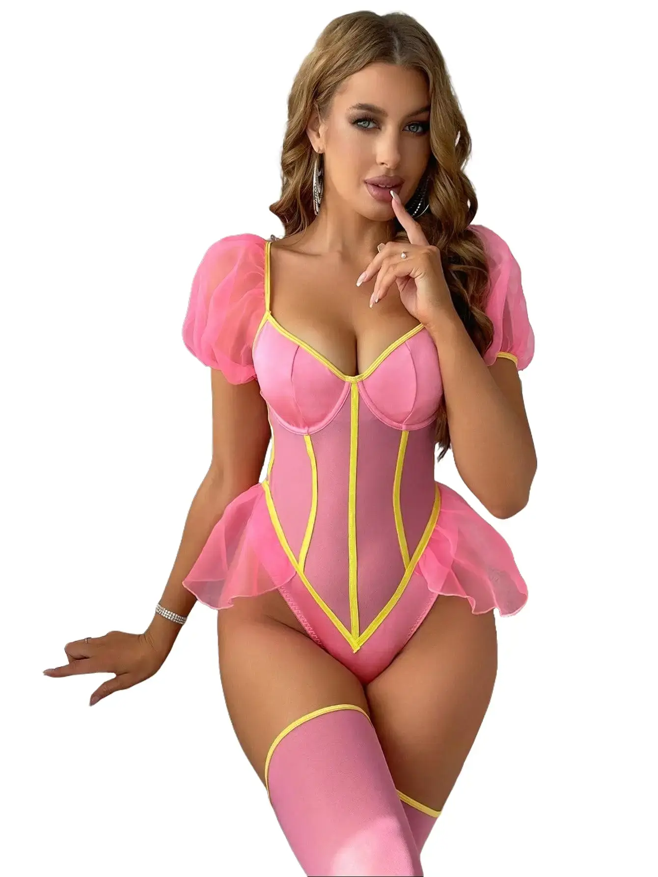 Women's Barbie Pink Sheer Mesh Corset-Style Bodysuit Complete Kit - Tops, Thong, Belt, Neon Yellow Contrast Binding, Organza Puffy Bubble Short Sleeves, Built-in Underwire Cups, Waist-Slimming Vertical Lines, Ruffled Peplum Hem, Adjustable Fit