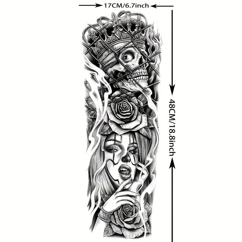 8 Sheets Full Arm Temporary Tattoo Stickers, Lion Tiger Wolf Skull Rose Watch Goddess Ship Pirate Compass Design, Waterproof Realistic Body Art, Sticker Tattoos
