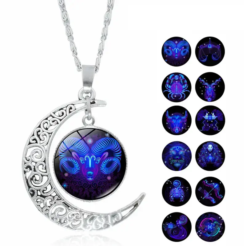 Unisex Vintage Silver-Tone Cut-Out Moon Shape Pendant Necklace, Glow-In-Dark Glass Cabochon With Zodiac Sign, Astrology-Themed Party Wear Jewelry For Daily Wear Or Birthday Gifting