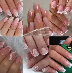 6 Packs (144 Pcs) Press on Nails Medium - Jsiallye Pink Gradient Press on Nails Square Coffin, Glue on with Nail in 12 Sizes - 24 Fake Nails Kit, French Tip Stick on Nails for Women