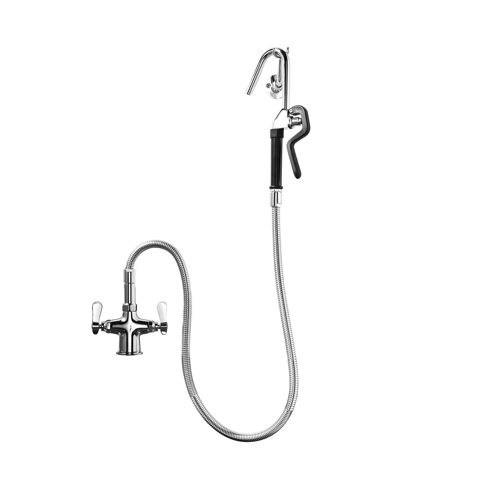 WOWOW Commercial Kitchen Faucet - Solid Brass Deck-Mount Double-Handle Tap with 43" Long Hose, Faucet Sprayer Attachment, Sprayer Hook Nozzle, Chrome Finish, Commercial Kitchen Faucets