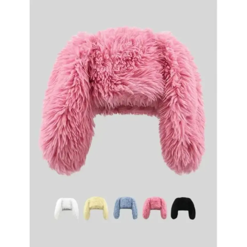 Unisex Fluffy Bunny Ear Beanie Hat - Plush, Warm White Cute Animal Character Ear Cap, for Daily Wear, Plush Hats, Cute Fluffy Hats