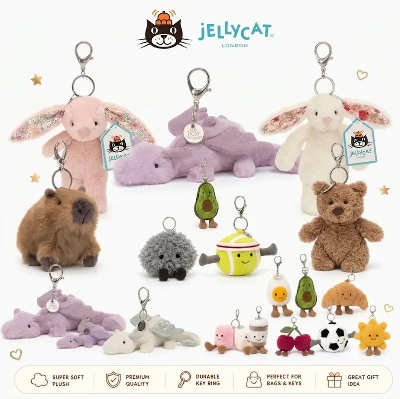Collection of authentic Jellycat keychains featuring all the hottest designs.