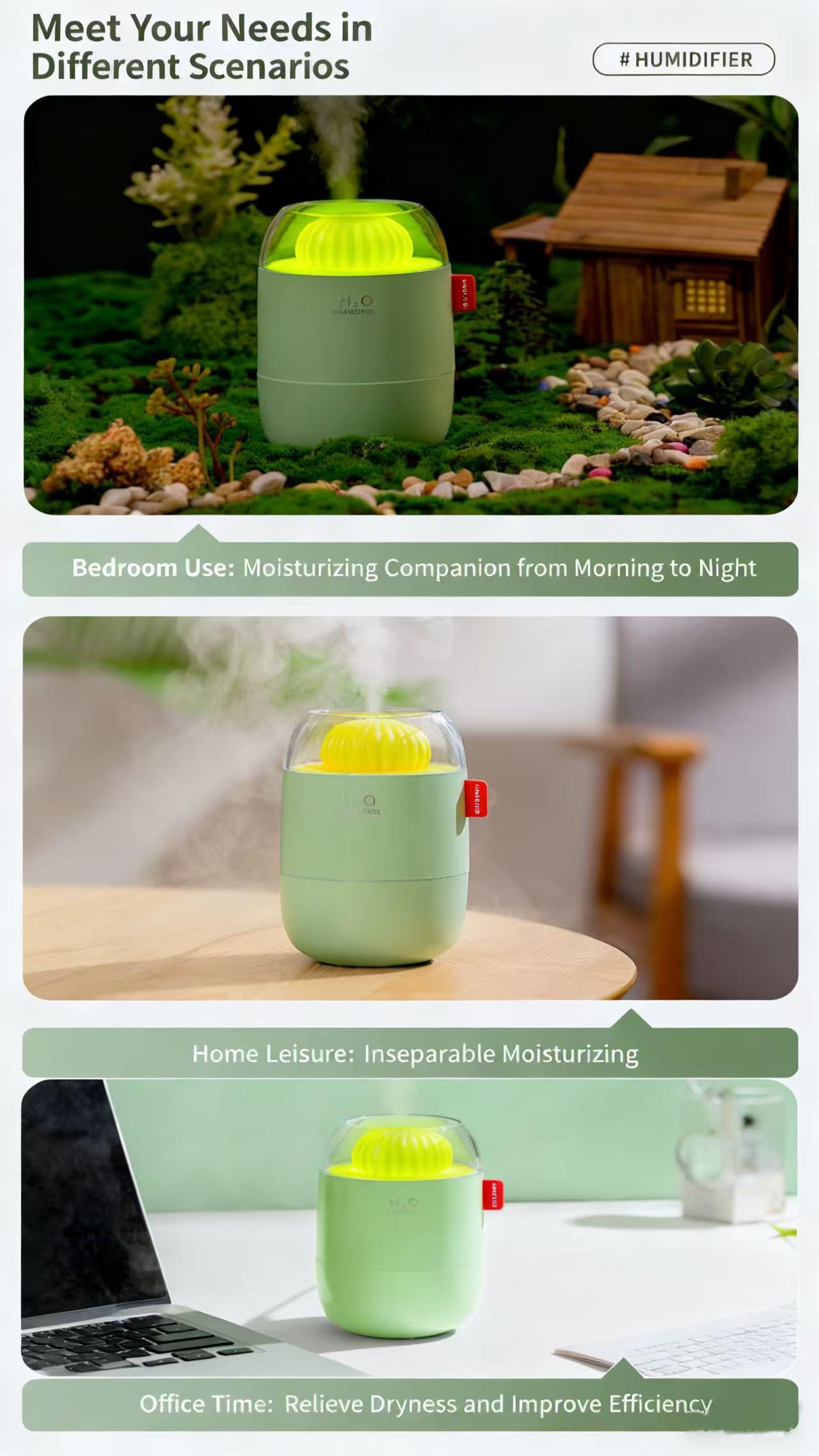 Cactus Mini Humidifier - Small USB Personal Humidifier for Bedside, Desk, Office, and Car | Quiet 360° Mist, Auto Shut-Off, Night Light, Perfect for Dry Air, Sleep, and Plants