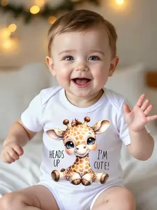 Baby "Heads Up I'm Cute!" Giraffe Graphic Short Sleeve Bodysuit - Adorable Cartoon Giraffe Onesie, White Cotton Infant Outfit for Newborns
