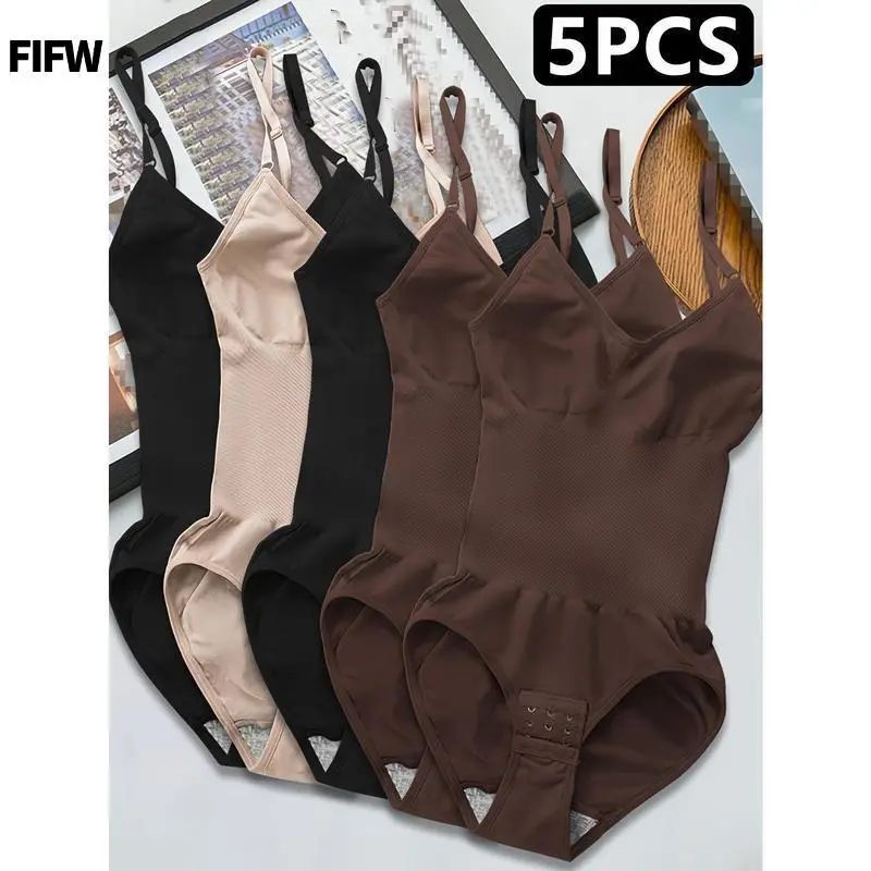 5-Piece Seamless Shapewear Bodysuit for Women with Abdominal Compression and Hip Lift Function - Tummy Control, No Padding, Stretch Nylon Spandex Blend Fabric, Black/Brown, Suitable for Travel and Casual Wear, Comfortable Underwear Womenswear Minimalist