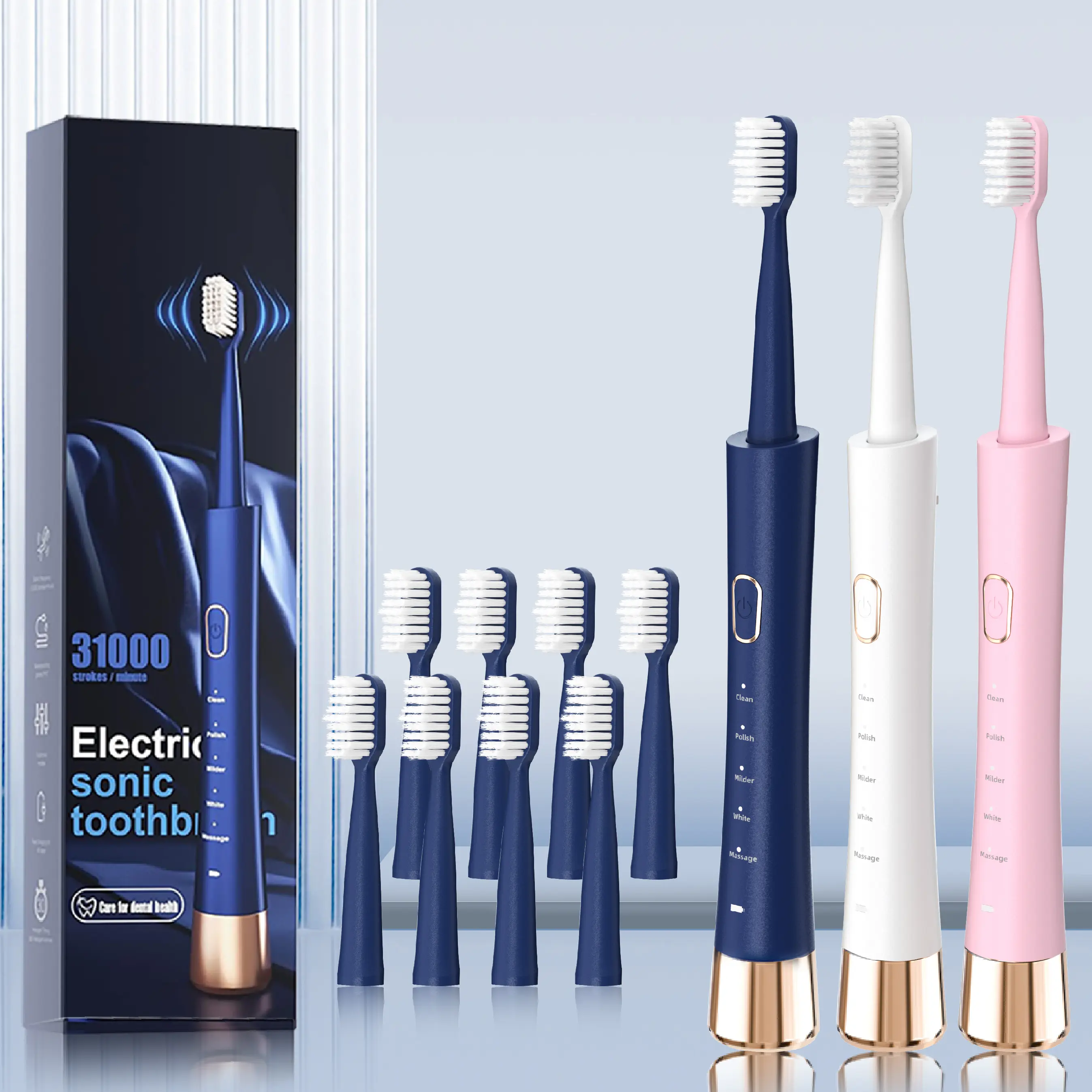 GMUX Sonic Electric Toothbrush, Rechargeable  Family Toothbrush with 8 DuPont Bristle Heads, 5 Modes & Timer, IPX7 Waterproof, USB Charge, 500Mah, Timer Mode, Gift