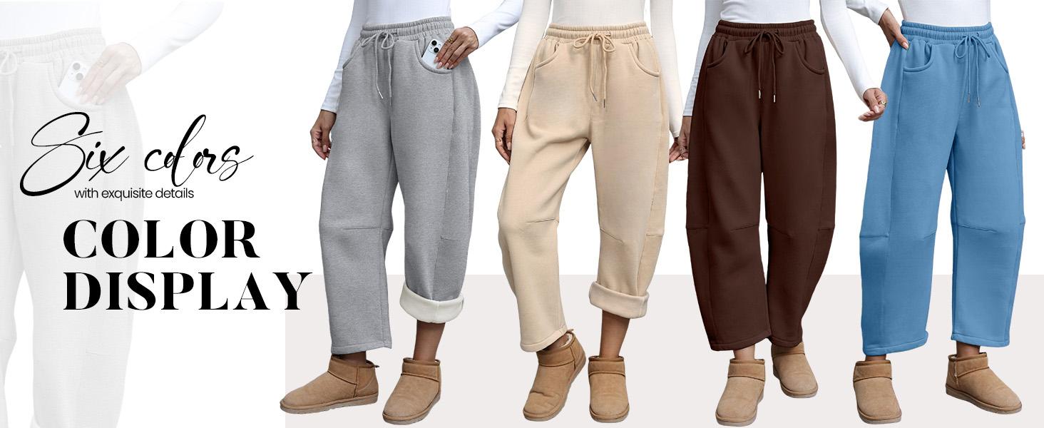 JovenPara Women's Elastic Fleece-Lined Comfy OOTD Bottoms - Casual Activewear Barrel-Leg Drawstring Palazzo Pants with Pockets for Fall Winter, Bottom, Casual Fashion Pants, Activewear With Pockets, Soft Touch Pants, Cotton Blend