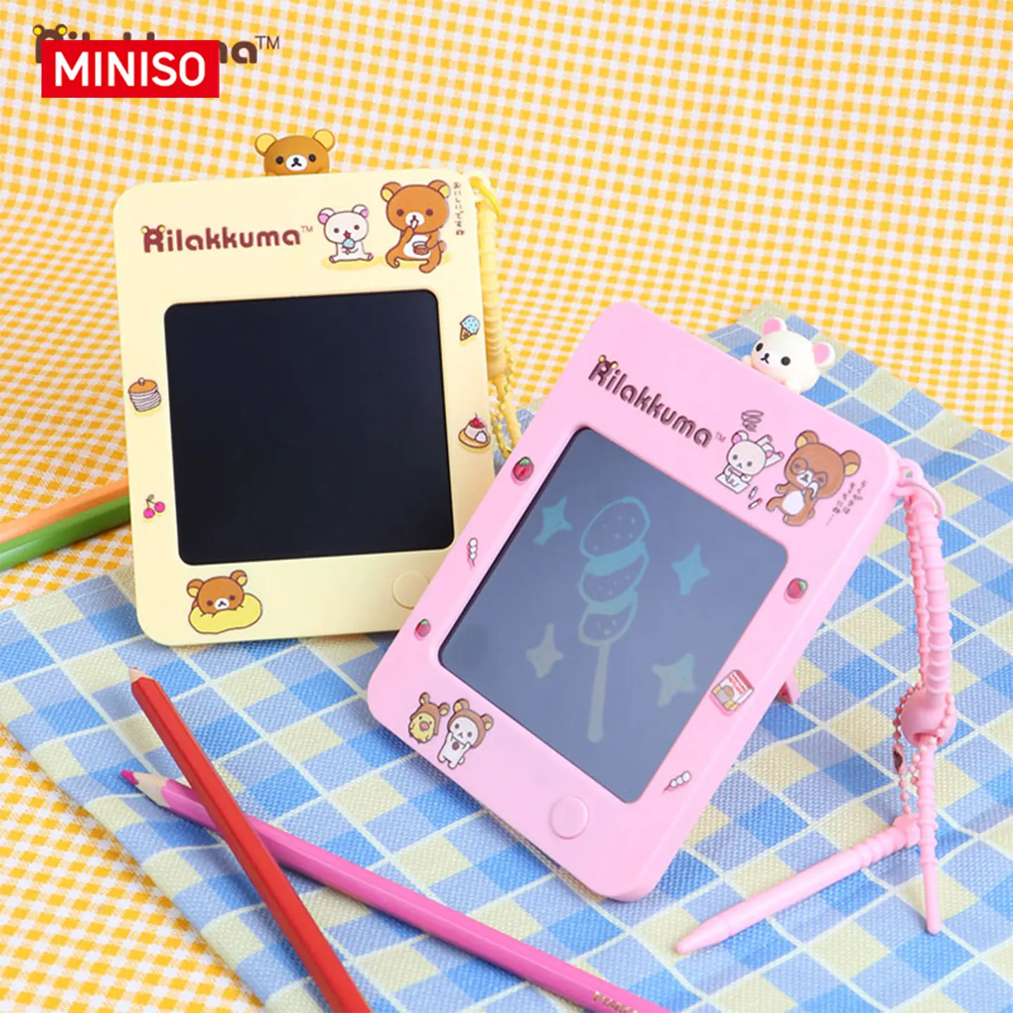 MINISO x Rilakkuma Cartoon Character Creative Touch Drawing Board Keychain - Compact Reusable Art Board, Keychain for Bags, Cute DIY Home Hanging Decor, Ideal Gift for Students, Tiny Art Board