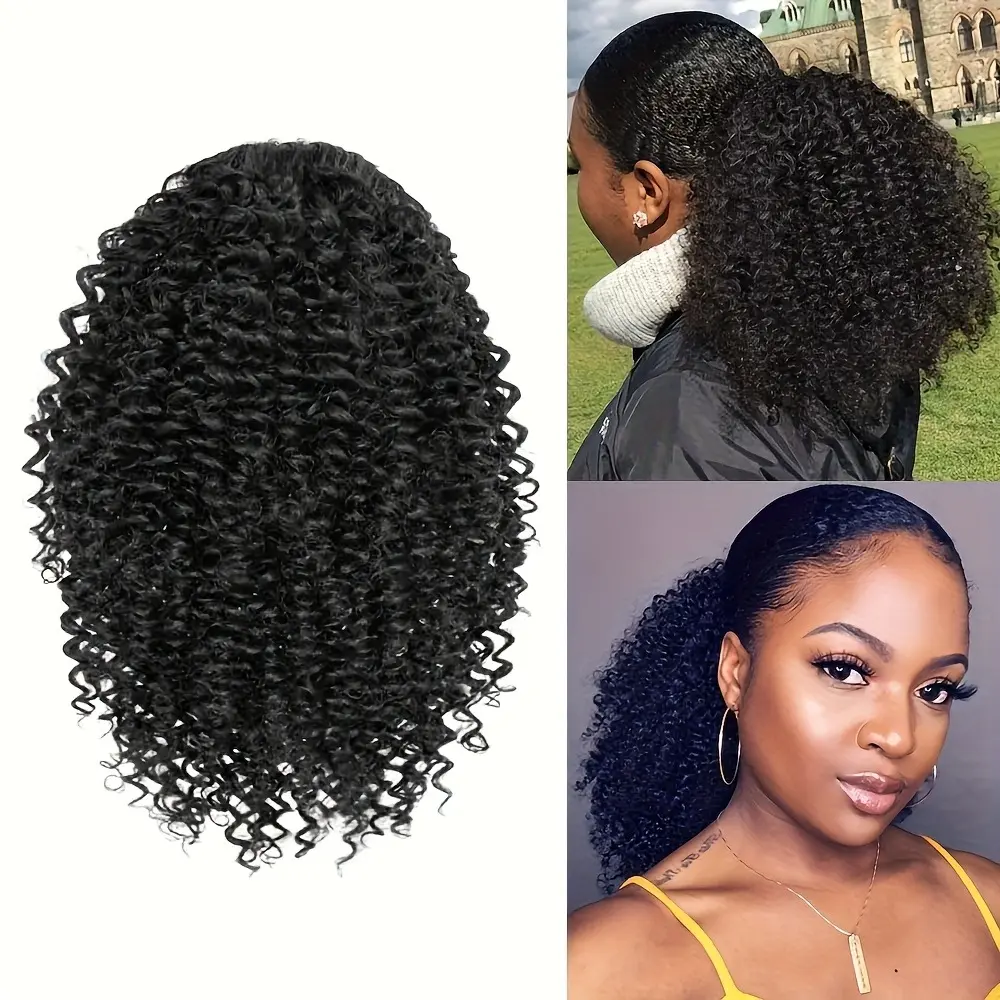 IVROSEHAIR 10 Inch Afro Kinky Curly Drawstring Ponytail Extension Short Synthetic Hairpiece For Women Daily Use All Seasons