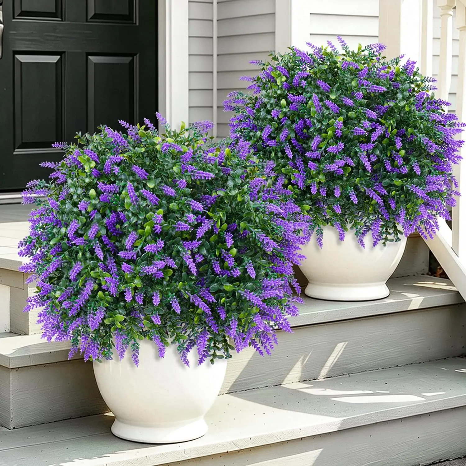 Artificial Lavender Topiary Ball Trees with Ground Spike, Set of 2 UV Resistant Artificial Shrubs, Fake Evergreen Artificial Plant Bush for Indoor Outdoor Front Porch Garden