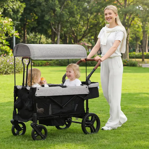 Dripex Stroller Wagon for 2 Kids, All-Terrain Foldable Kids Wagon Stroller with Removable Canopy, Mosquito Net, Snack Tray, Cup Holders & Storage Basket