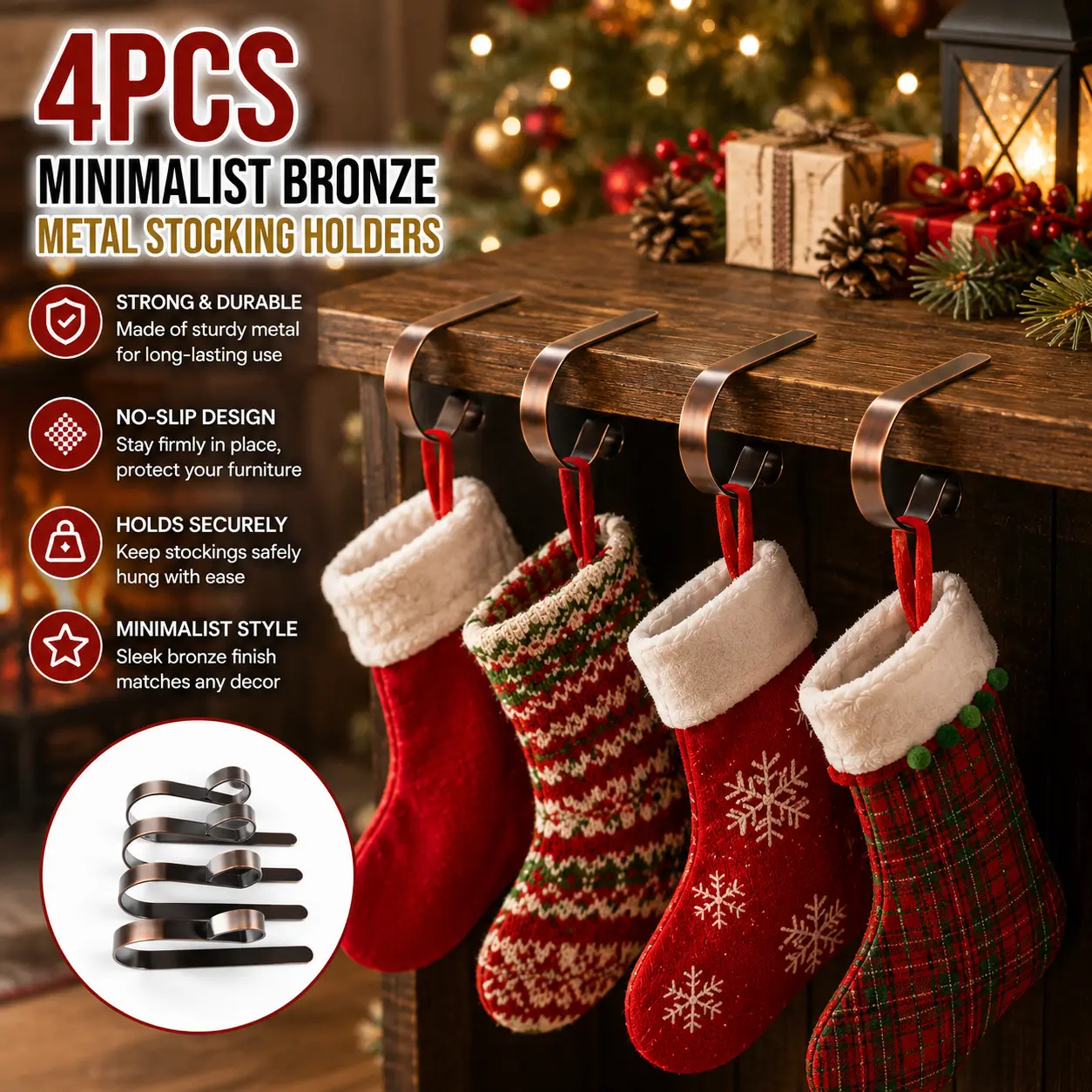 Minimalist Style Bronze Metal Wing-Shaped LED Christmas Stocking Holders (4-Pack) - No-Slip, Lightweight, Adjustable, Tool-Free Setup Hangers for Mantel Home Organization & Decor Gifts