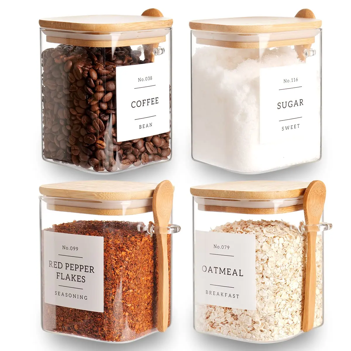 28oz Square Borosilicate Glass Food Storage Canister with Airtight Bamboo Lid, Airtight Seal & Spoon, Stackable Kitchen Home Organizer for Coffee Beans, Sugar, 4Pc, Containers