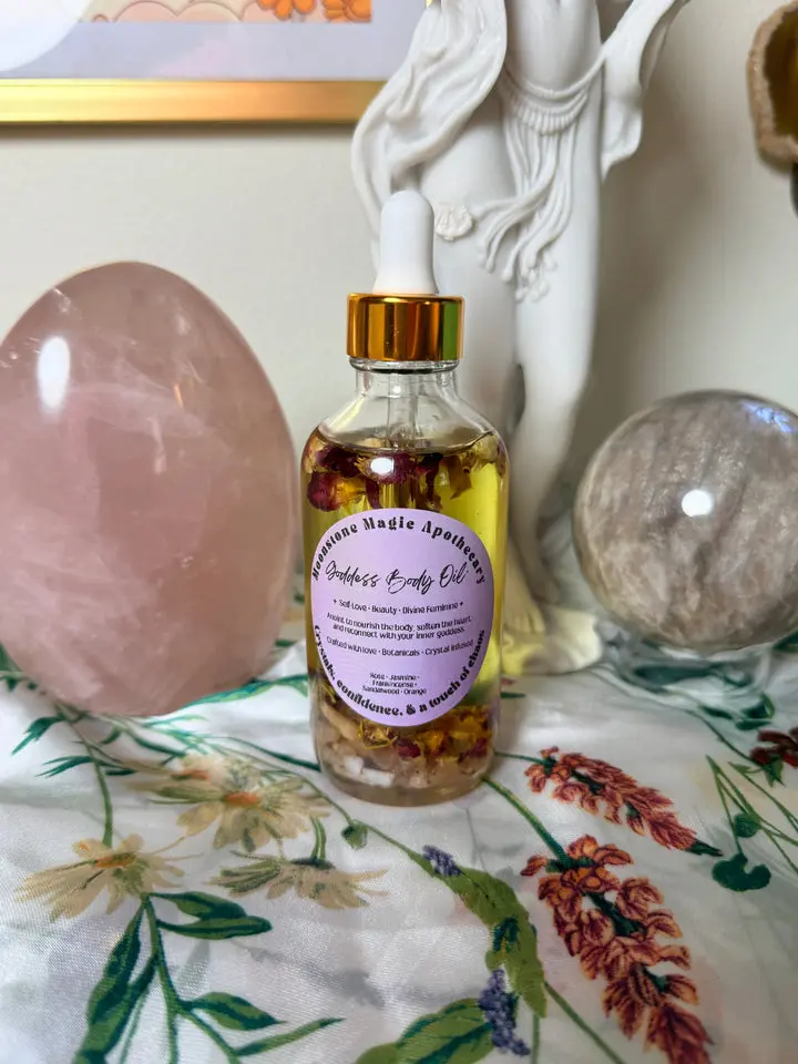 Goddess Body Oil, Crystal-Infused Sunflower Essential Oil for Aromatherapy, Floral Moisturizing Body Care for Relaxation