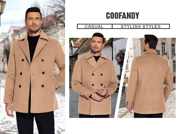 COOFANDY Fall Outfits Thin Men's Coats Double Breasted Pea Coat Winter Overcoat Short Trench Coat Notched Collar Gift Ideas