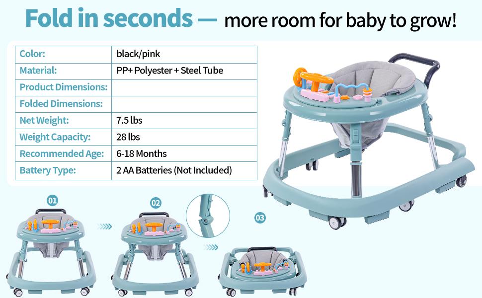 Baby Walker,Foldable, 9-Speed, Height-Adjustable Baby Walker, Wheeled Waby Walker, Infant Walker with Music Disc, Anti-fall Baby Walker, and Children's Activity Center with Foot Pads (suitable for boys and girls aged 6 to 24 months)