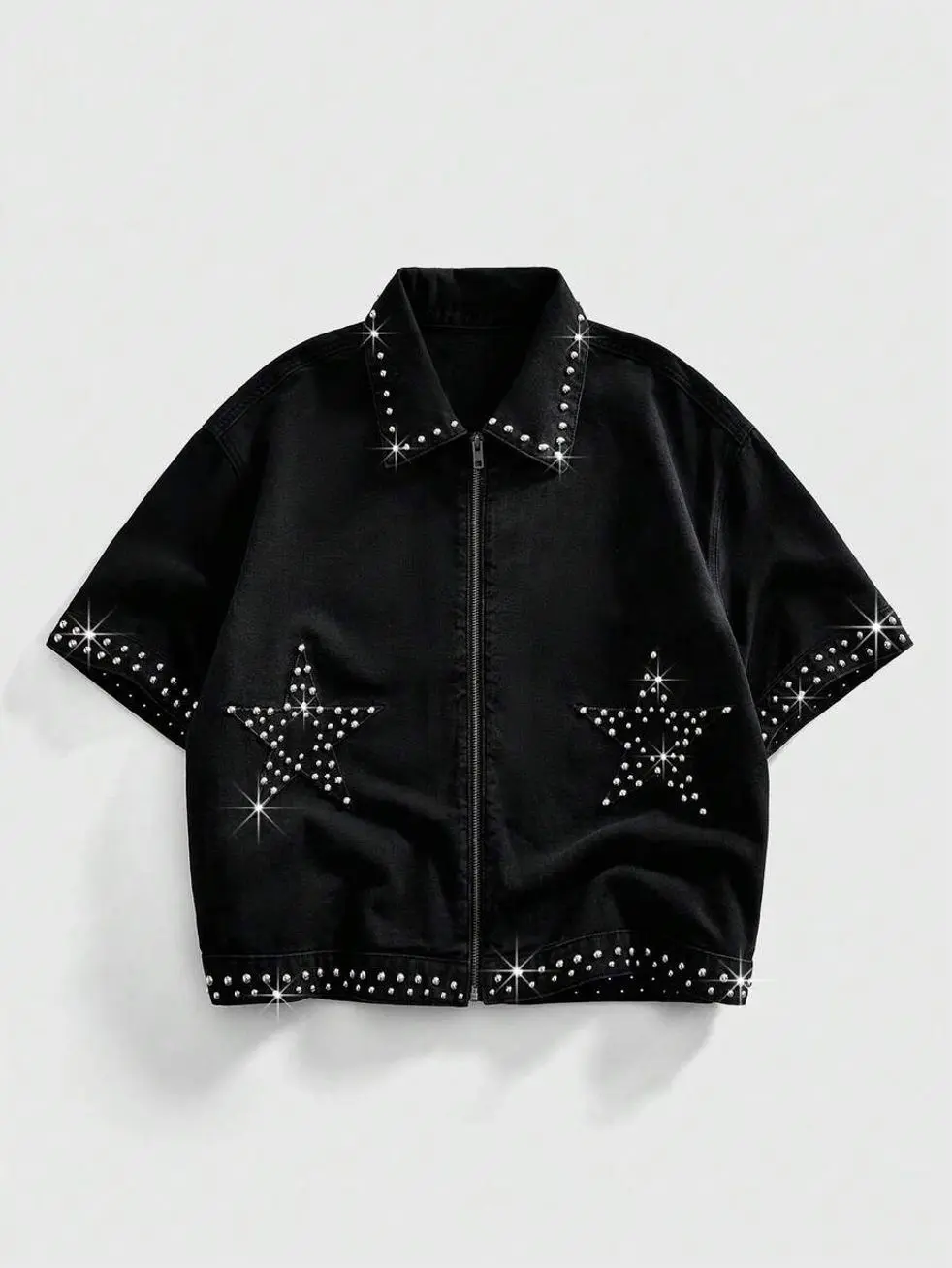 Men's clothing - Men's Oversized Denim Jacket, Pearl Embellished Vintage Jean Coat for Streetwear Outerwear men’s clothes mens clothing male clothing trending clothes y2k clothing streetwear clothing y2k shirts