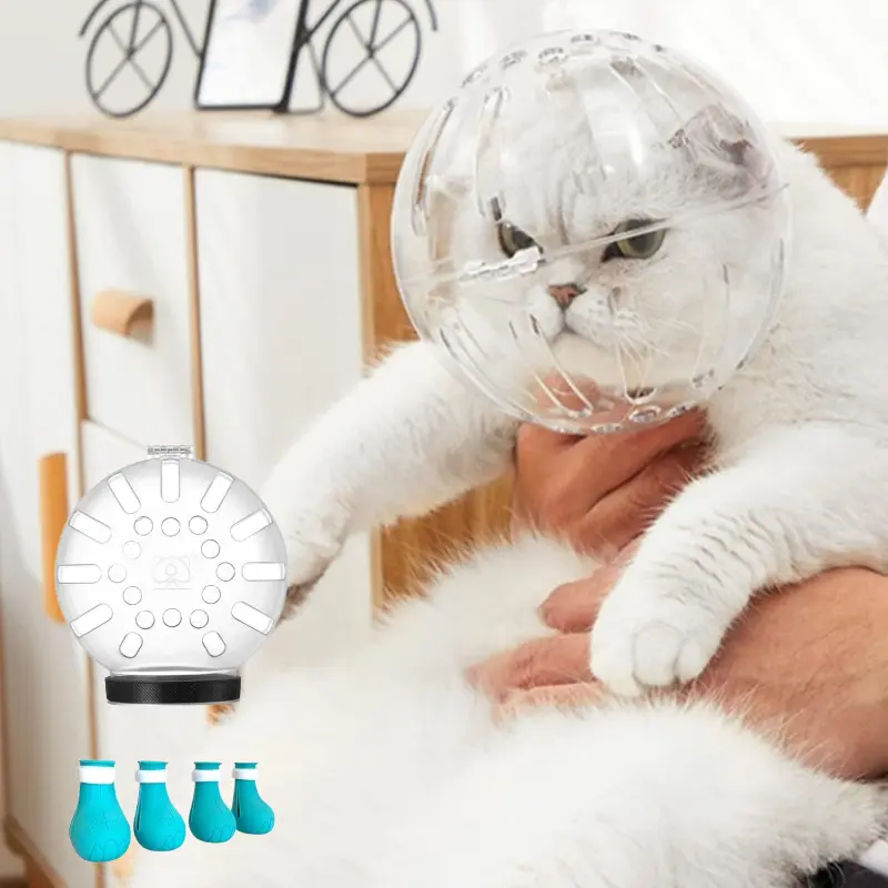 5Pcs Cat Grooming Tools Kit - Breathable Muzzle with Breathable Holes, Anti-Slip Teeth Silicone Paw Covers, Transparent Bubble Bite Guard for Kittens' Safe Nail Trimming, Baths (Guards Paws and Mouth During Grooming)