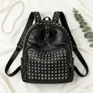 Multifunctional Handheld Backpack Solid Color Rivet Punk Backpack for Vacation Travel Soft Leather Cool Silver Studs Black Studded Design