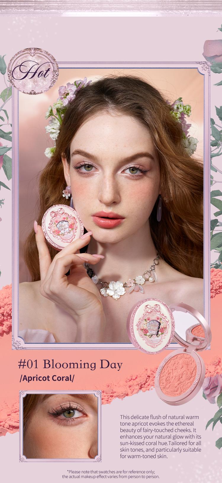 Flower Knows Midsummer Fairytales Collection Embossed Blush, Floral Velvet Embossed Blush Powder, Brightening Velvet Blush Makeup for All Skin Types, #Summervibes
