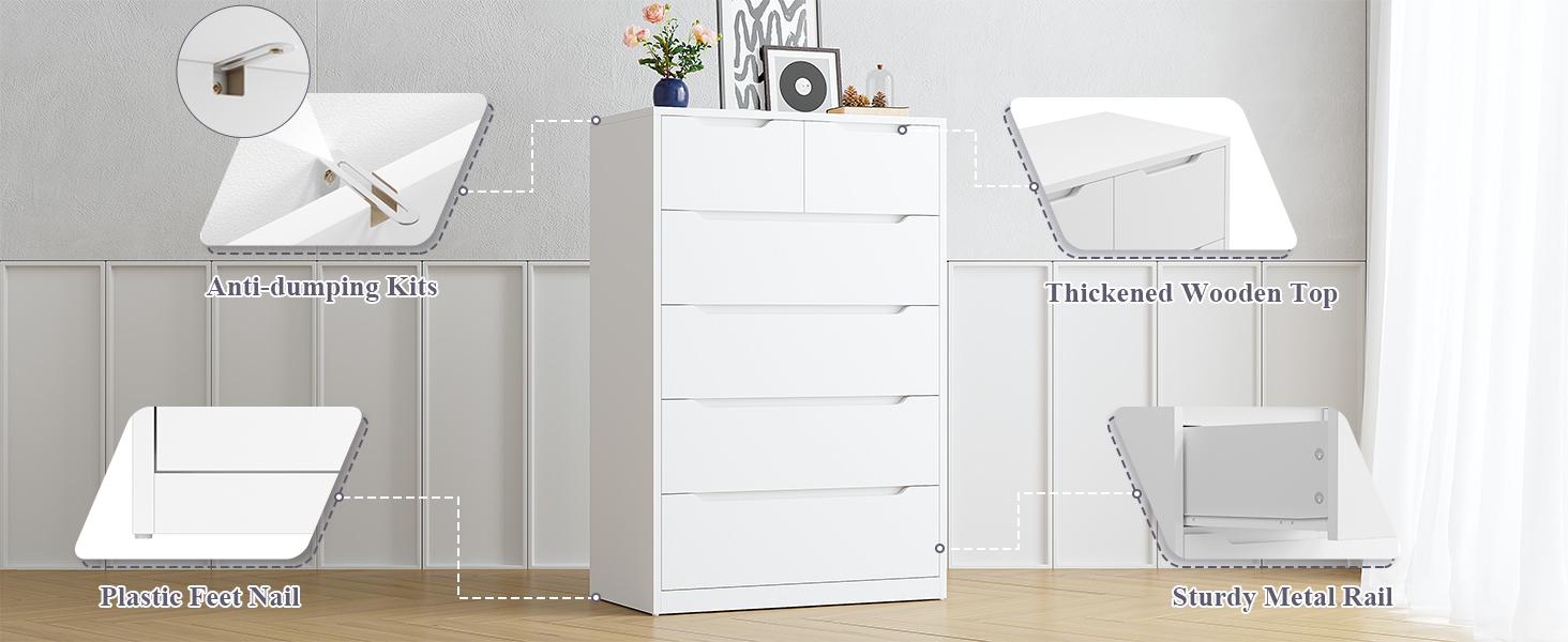 【24H Online Help】Raybeefurniture Modern Wood Dresser with 4/5/6 Large Drawers, Stylish Storage Cabinet & Chests of Drawers with Large Organizer, Tall Dresser with Smooth Metal Rail, Perfect White Storage Organizer & Home Decor for Bedroom, Living Room