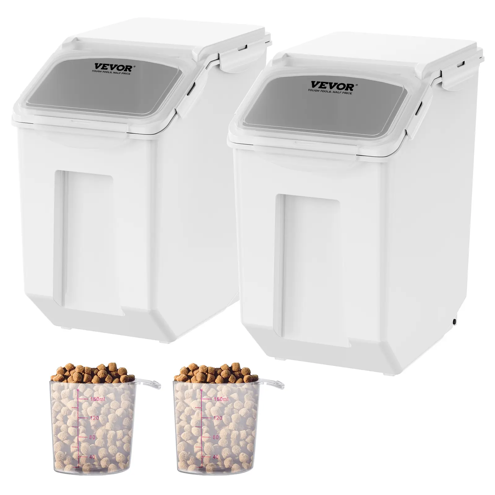 VEVOR 2-Piece Stackable Airtight Canine Food & Snack Container Set, Polypropylene (PP) Bins with Ingredient Dispenser, Variable Sizes, Measuring Cups, Attachable Casters, Side-Locking Lids, Top Holds Seasonings, Space-Saving Spill-Free Organizer