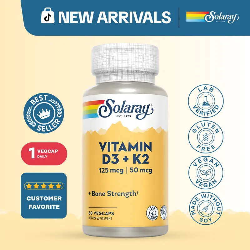 Solaray Vitamin D3 + K2 125 mcg VegCaps for Adults – Vitamin D3 5000 IU Supplement with K2 MK-7 for Bone, Immune & Calcium Support