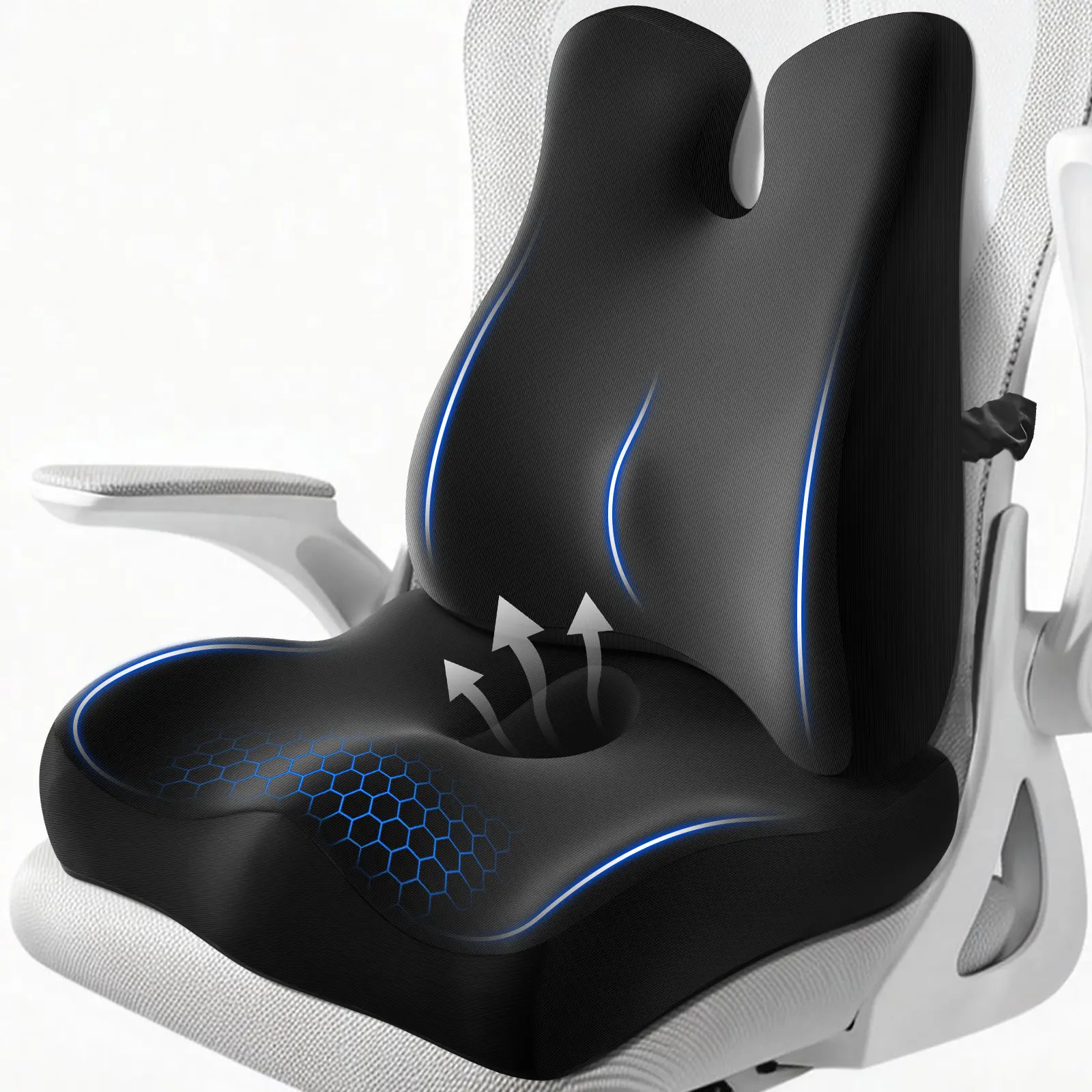 Ergonomic Chair 2-Piece Office Chair Upgrade Cushion Set - Breathable Fabric Zoned Non-Slip Lumbar Support, Extra-Large Memory Foam for Tailbone Pain Relief, Good Posture Cushion Furniture Accessories